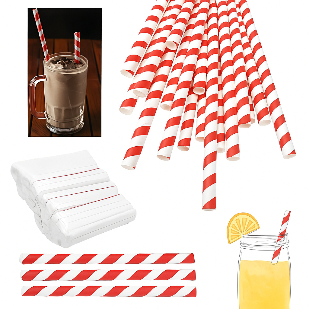 10MM X 197MM PAPER STRAW INDIVIDUALLY WRAPPED RED STRIPE (30PK X 50PCS) 3PLY