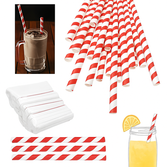 10MM X 197MM PAPER STRAW INDIVIDUALLY WRAPPED RED STRIPE (30PK X 50PCS) 3PLY