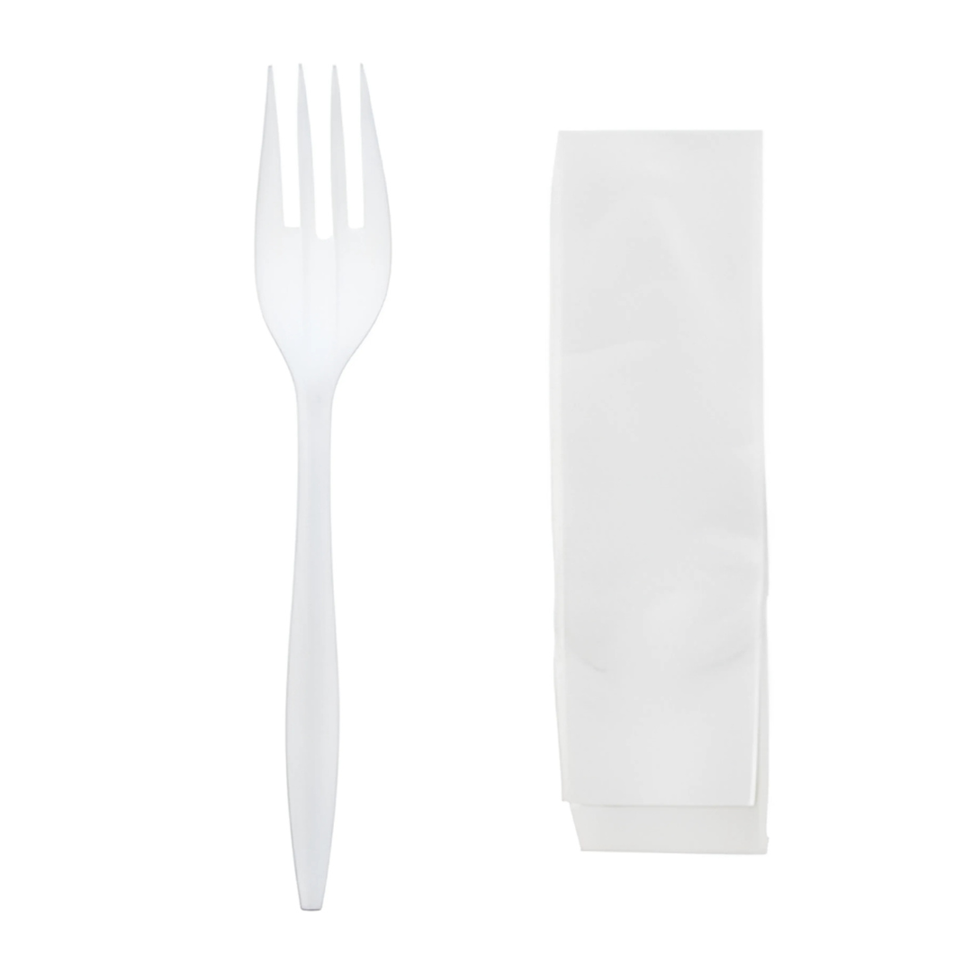 PLASTIC FORK AND NAPKIN KIT MEDIUM WEIGHT WHITE (10PK X 100PCS)-1000CT (#704)