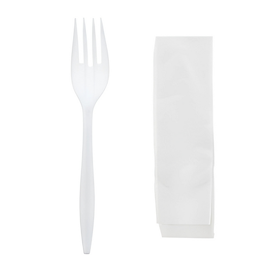 PLASTIC FORK AND NAPKIN KIT MEDIUM WEIGHT WHITE (10PK X 100PCS)-1000CT (#704)