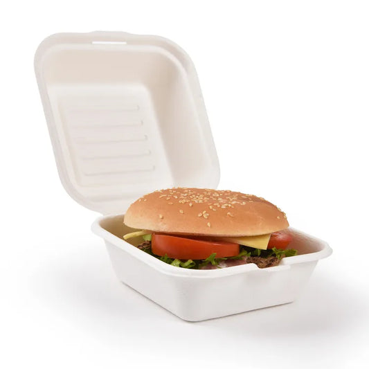 6" X 6" COMPOSTABLE 1 COMP BAGASSE BURGER LUNCH BOX WHITE DOME TOVA (4PK X 50PCS) 200CT