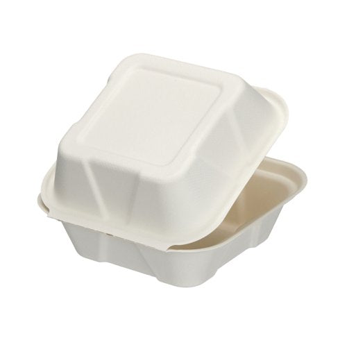 6" X 6" COMPOSTABLE 1 COMP BAGASSE BURGER LUNCH BOX SQUARE WHITE TOVA (4PK X 50PCS)-200CT