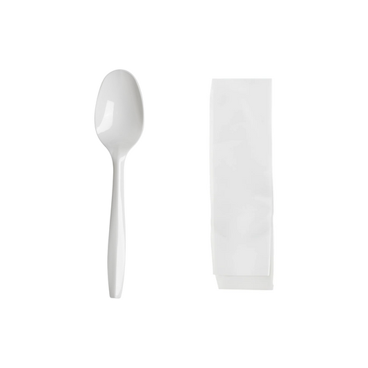 PLASTIC TEA SPOON AND NAPKIN KIT MEDIUM WEIGHT WHITE BULK (1PK X 1000PCS)-1000CT #802